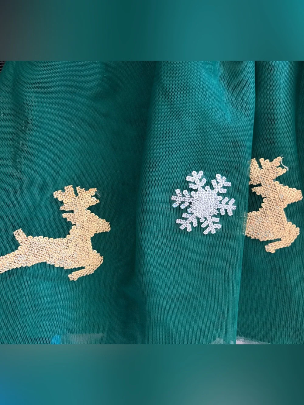 Toddler Holiday Green Tulle Skirt with Gold Reindeer & White Snowflakes